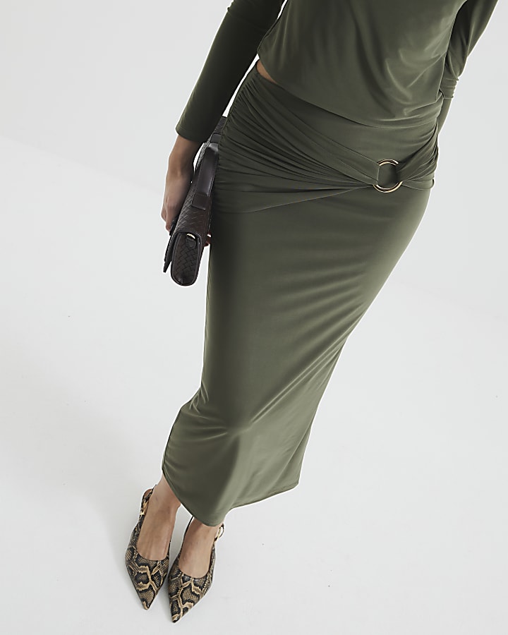 Khaki Ring Midi Skirt