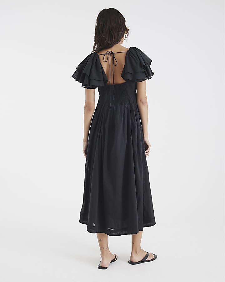 Black Premium flutter midi dress