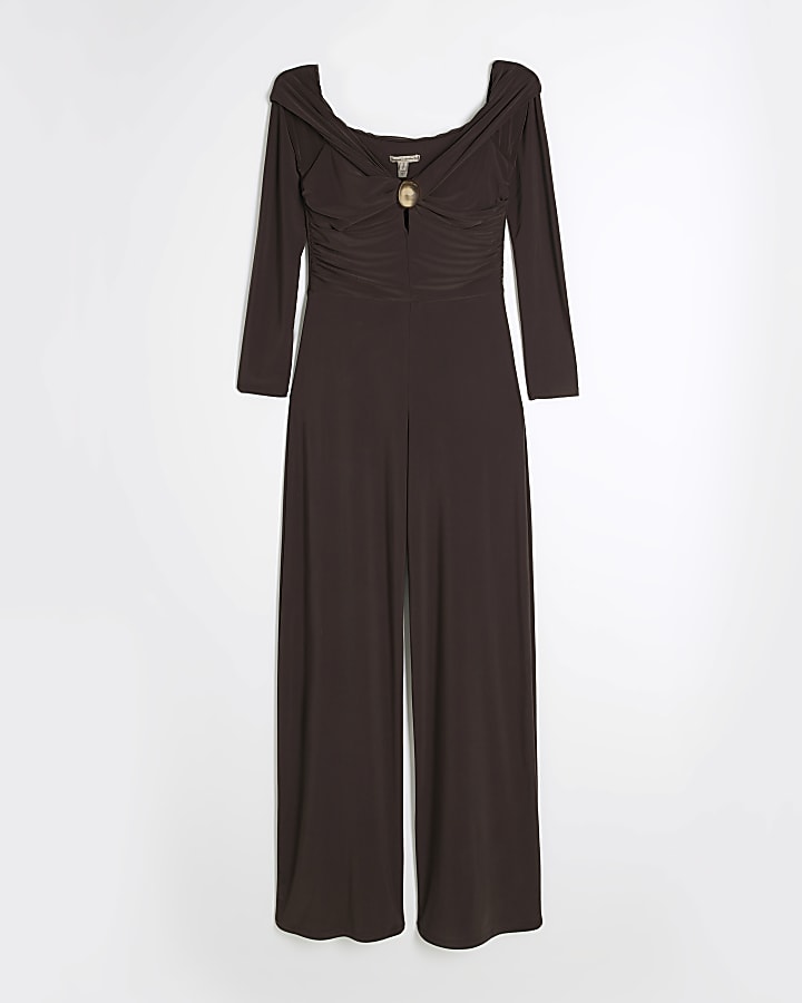 Brown Bardot Trim Twist Jumpsuit