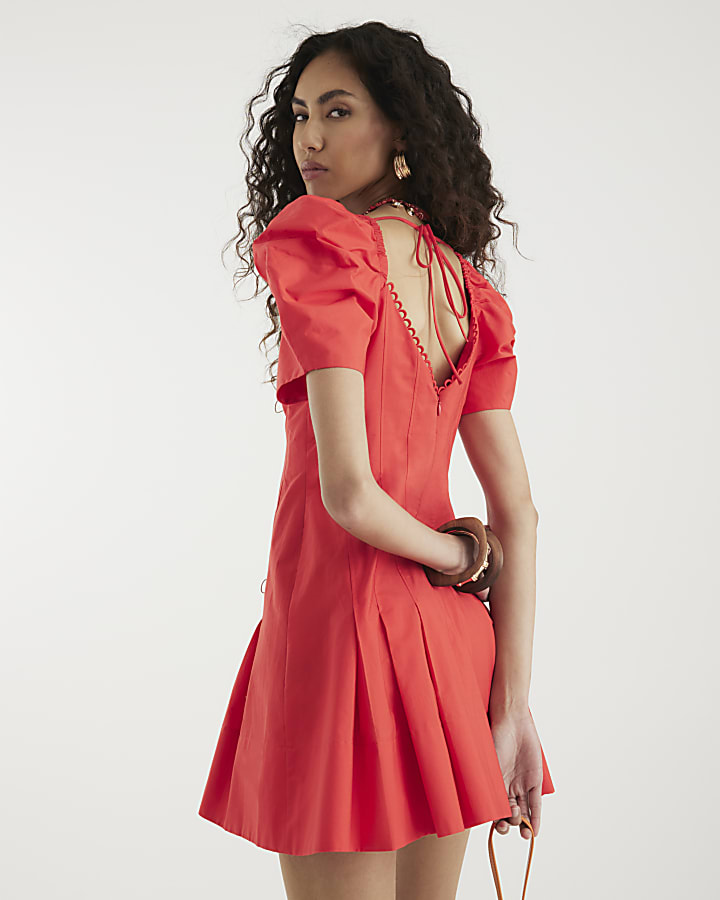 Red Puff Sleeve Skater Mini Dress
