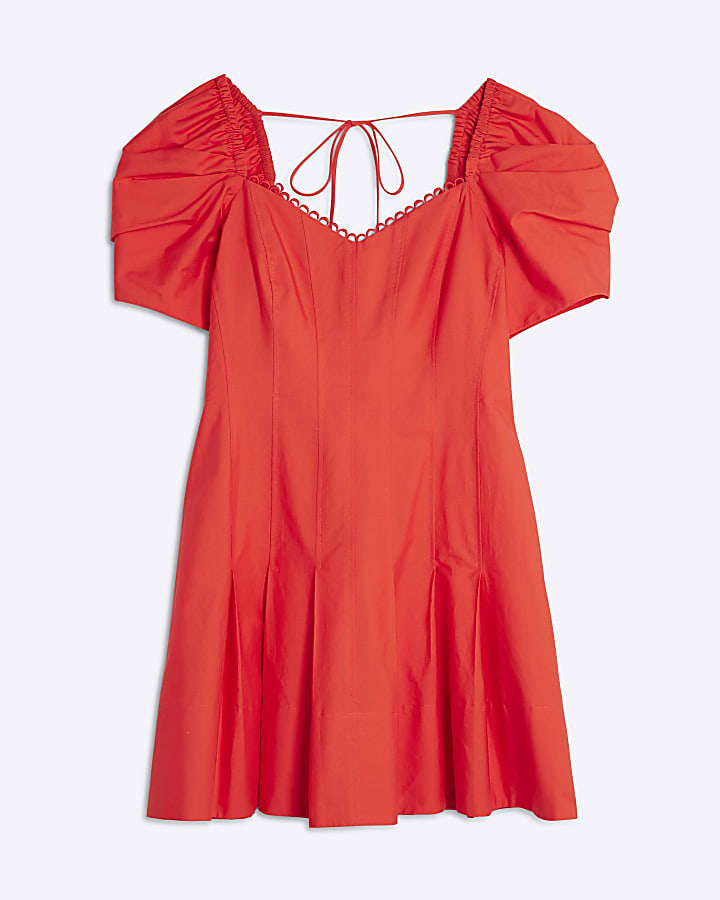 Red Puff Sleeve Skater Mini Dress
