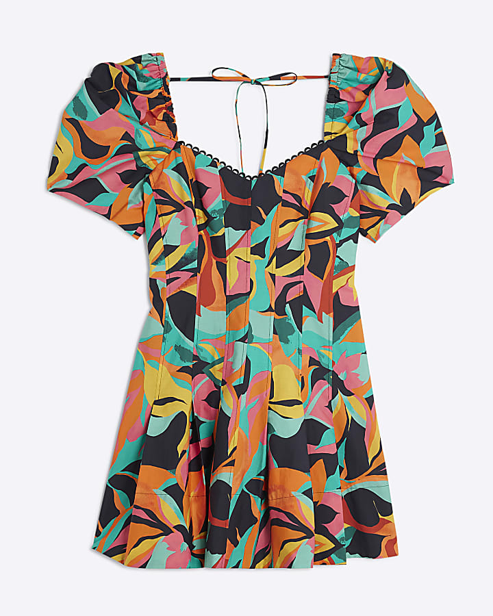 Green Short Puff Sleeve Seam Front Mini Dress