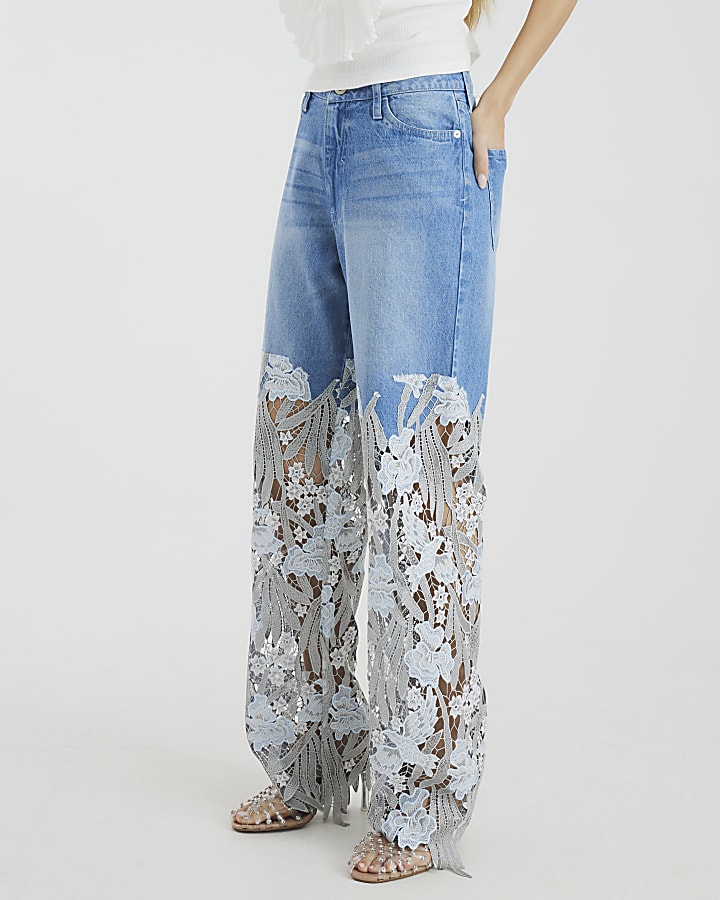 Blue Relaxed Straight Leg Lace Jeans