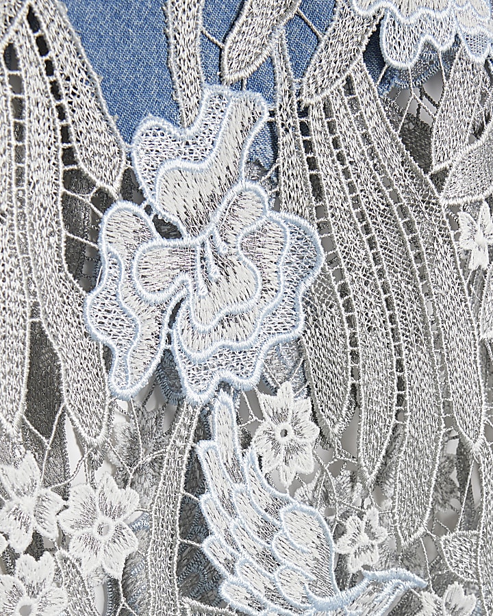 Blue Relaxed Straight Leg Lace Jeans