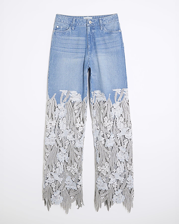 Blue Relaxed Straight Leg Lace Jeans