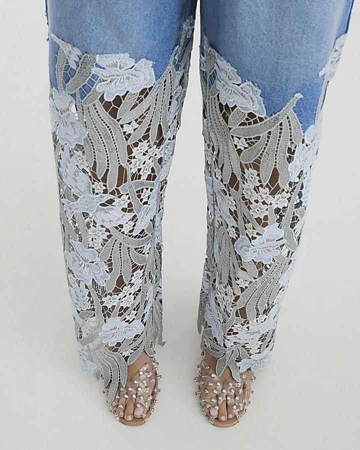 Blue Relaxed Straight Leg Lace Jeans