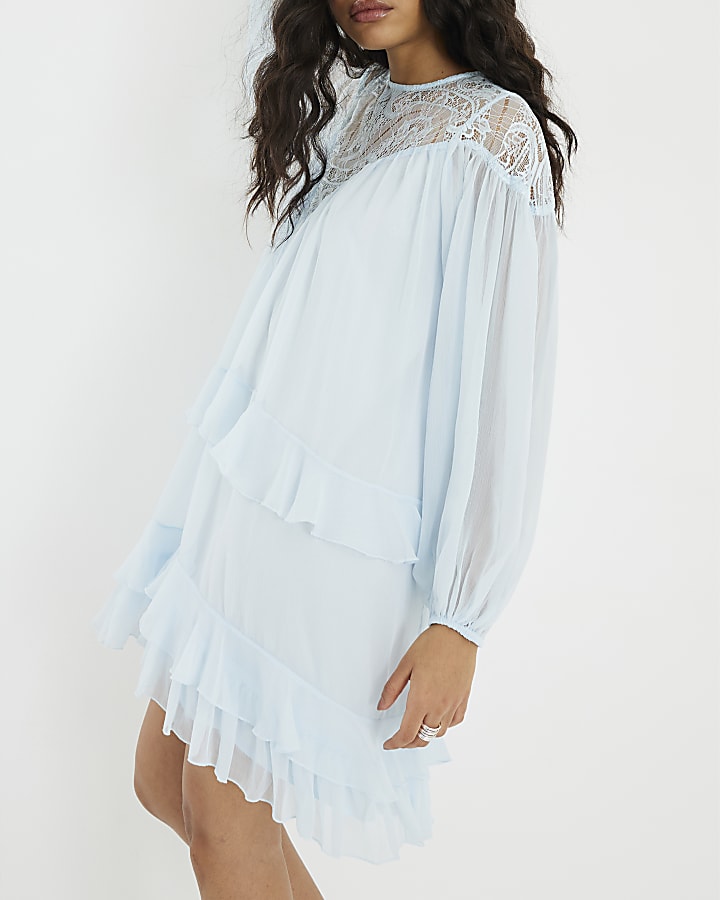 Blue Premium Long Sleeve Smock Mini Dress