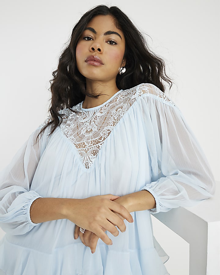 Blue Premium Long Sleeve Smock Mini Dress