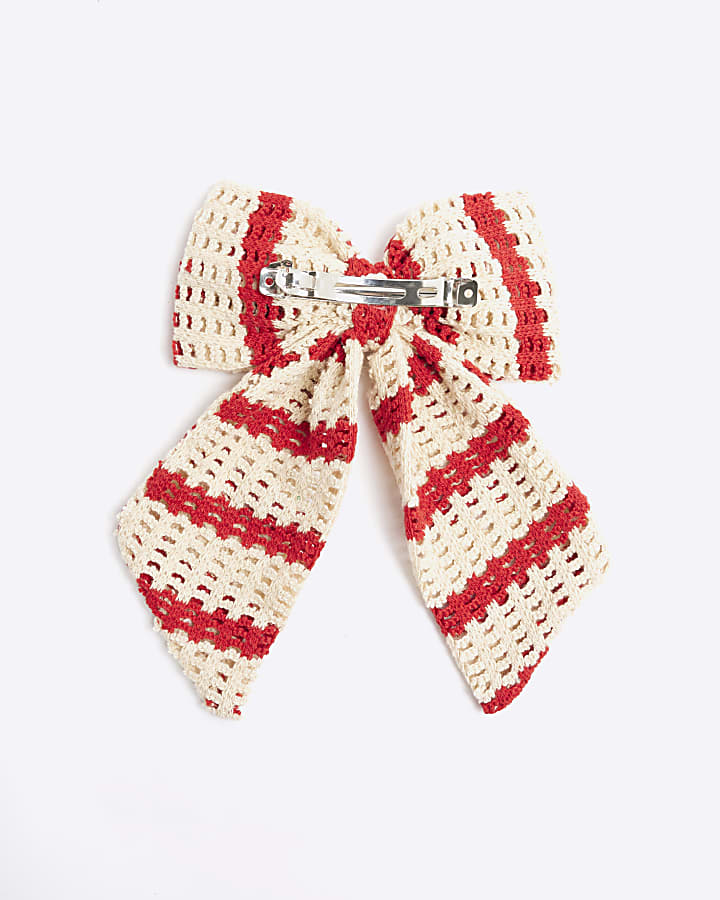 Red Crochet Striped Bow Hair Clip