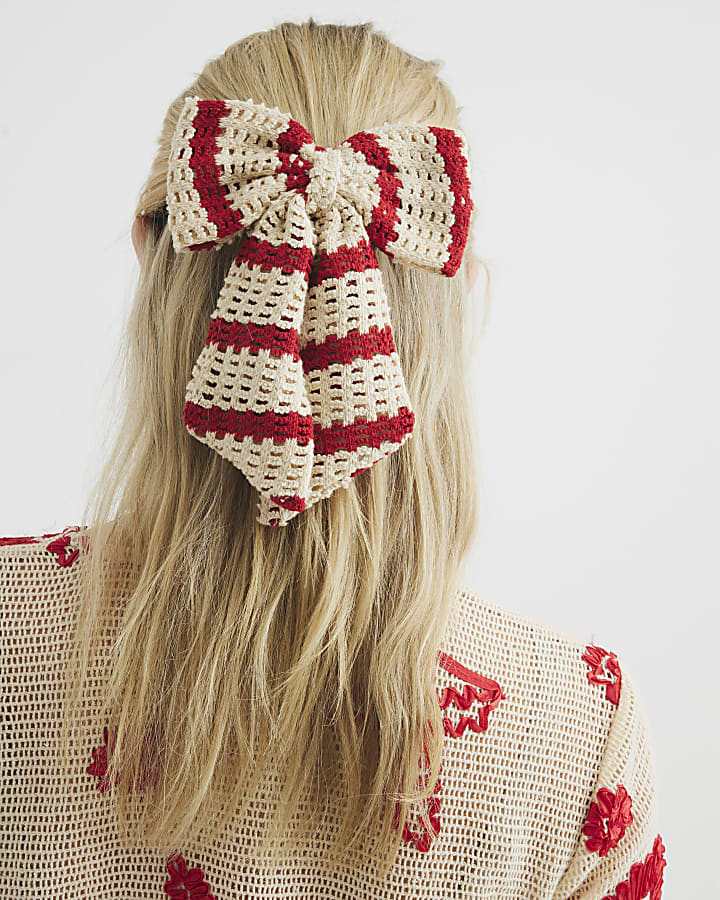 Red Crochet Striped Bow Hair Clip