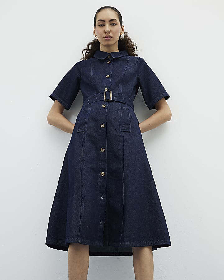 Blue Denim Short Sleeve Belted Midi Dress