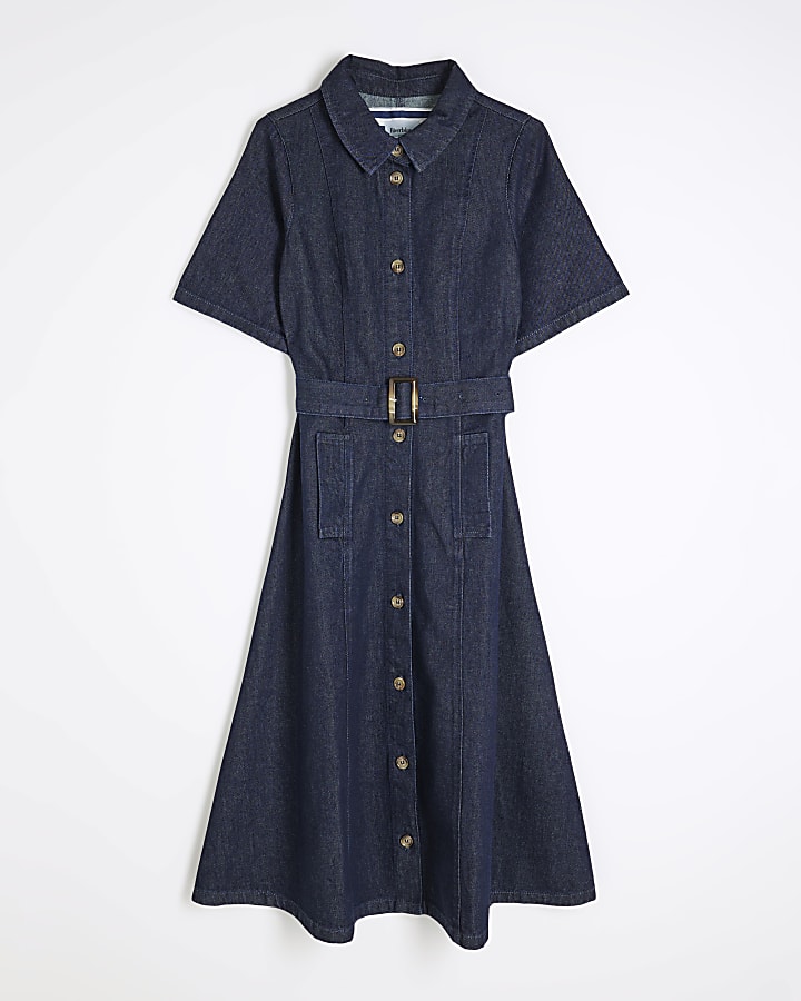 Blue Denim Short Sleeve Belted Midi Dress