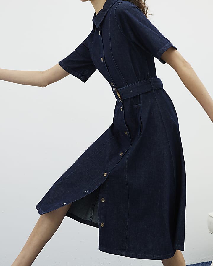 Blue Denim Short Sleeve Belted Midi Dress