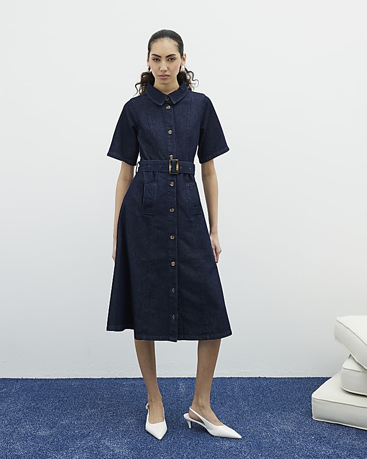 Blue Denim Short Sleeve Belted Midi Dress