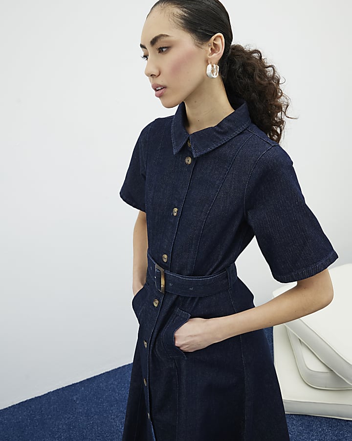 Blue Denim Short Sleeve Belted Midi Dress