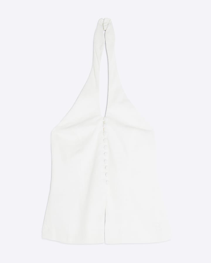 White Sleeveless Halter Neck Waistcoat Top