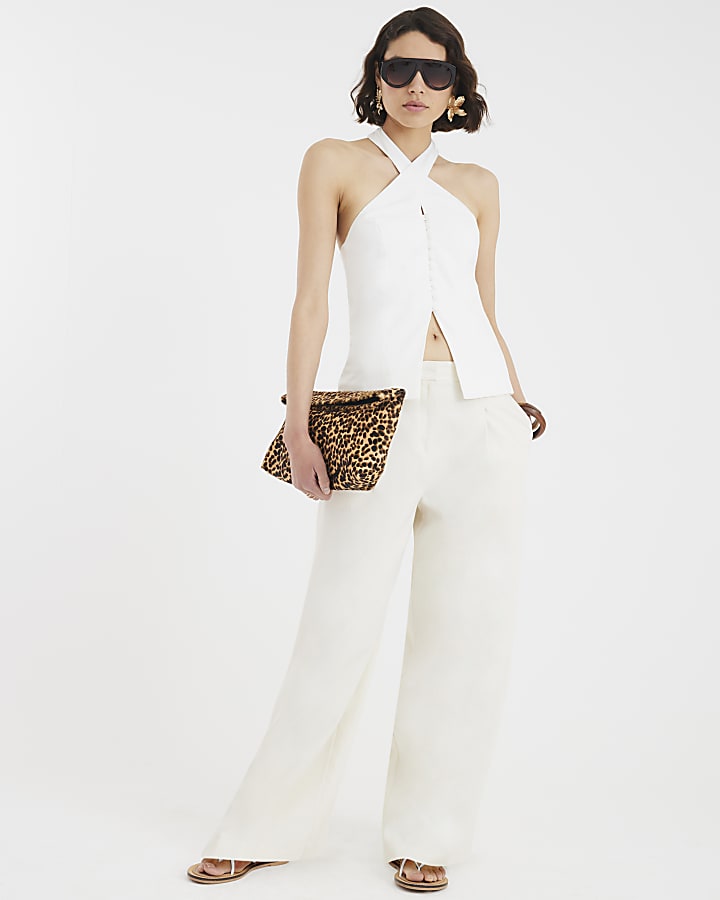 White Sleeveless Halter Neck Waistcoat Top
