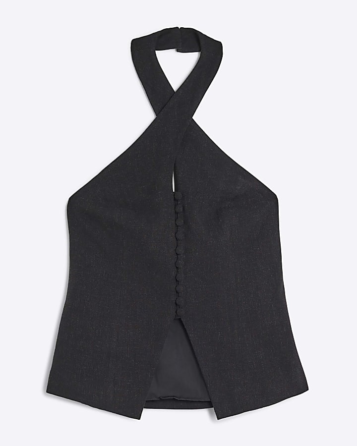 Black Halter Neck Waistcoat Top