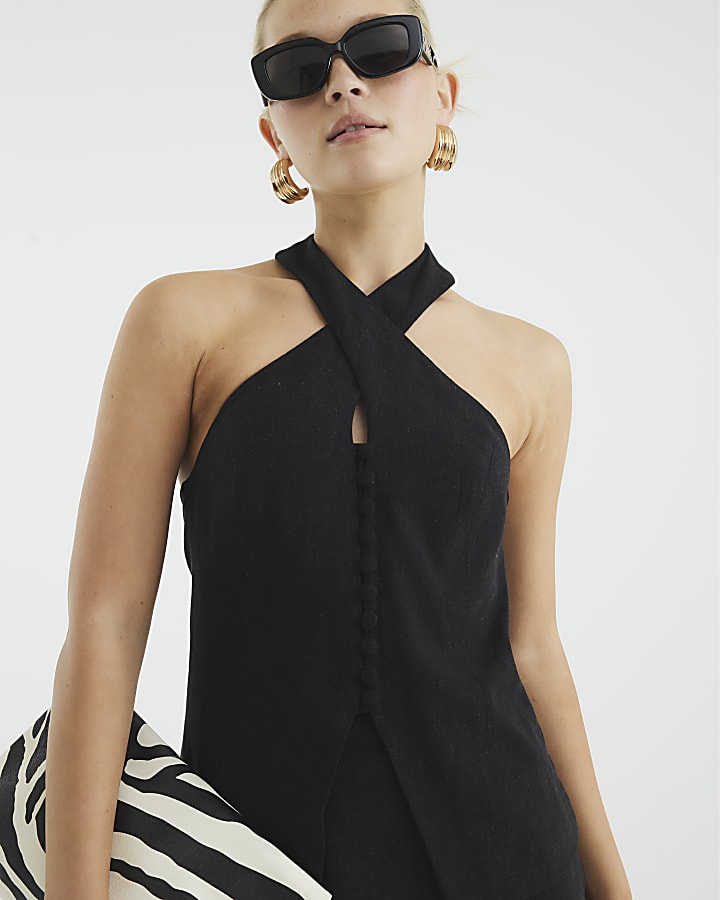 Black Halter Neck Waistcoat Top