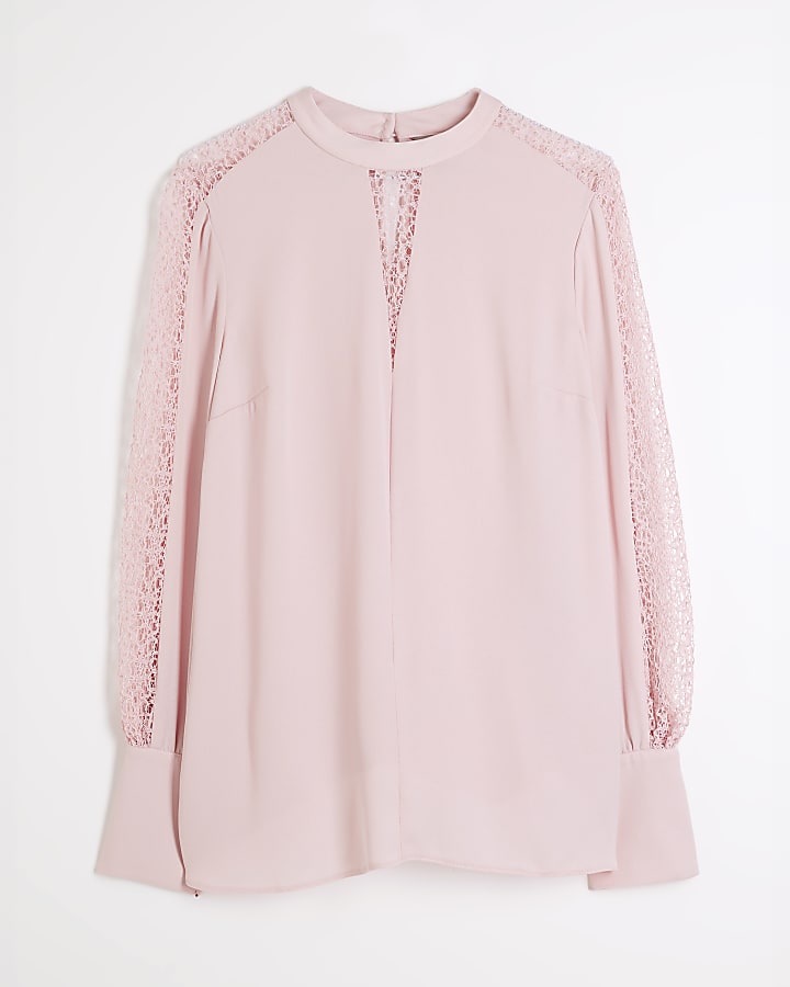 Pink Long Sleeve Lace Insert Blouse