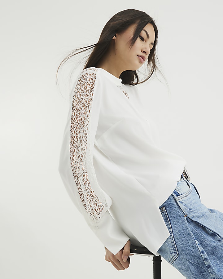 Cream Long Sleeve Lace Insert Blouse