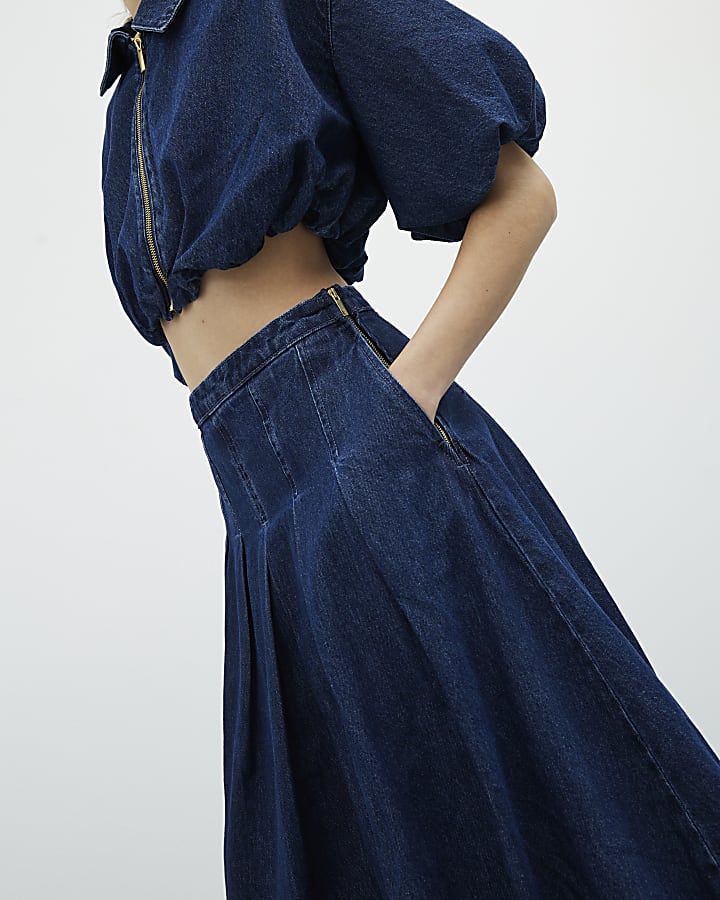 Denim Bubble Hem Midi Skirt