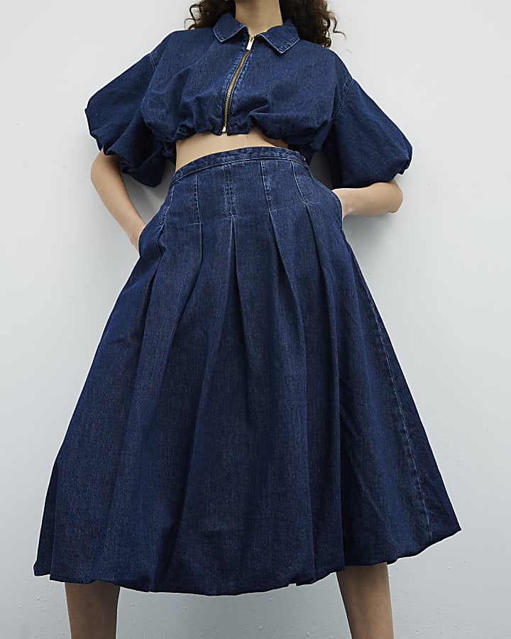 Denim Bubble Hem Midi Skirt