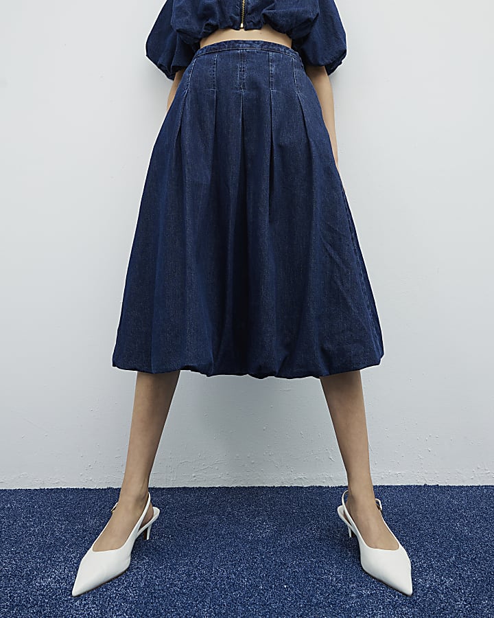 Denim Bubble Hem Midi Skirt