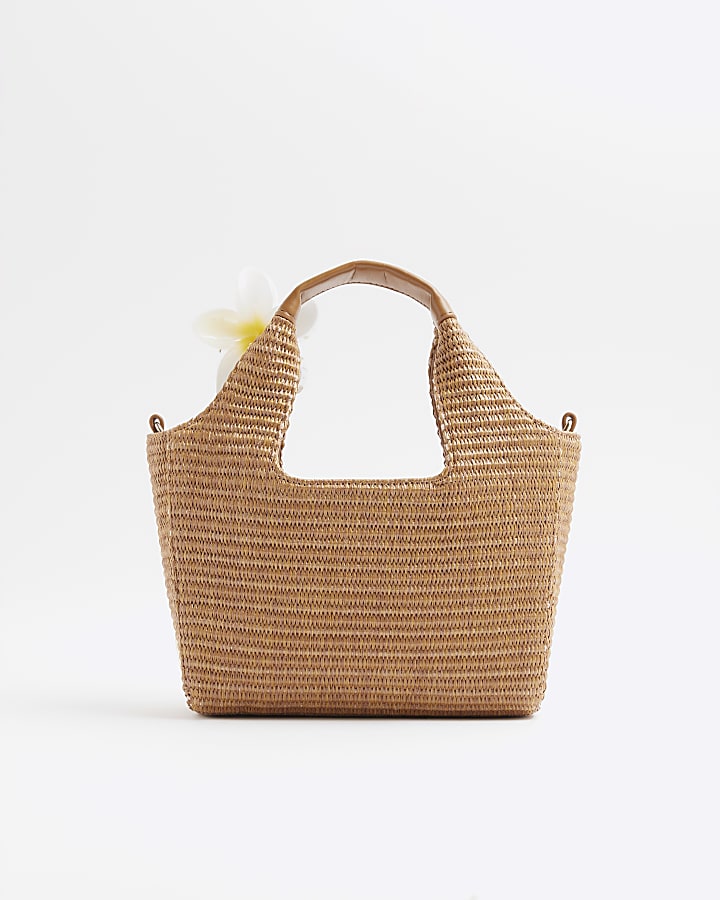 Brown Small Raffia Charm Tote Bag