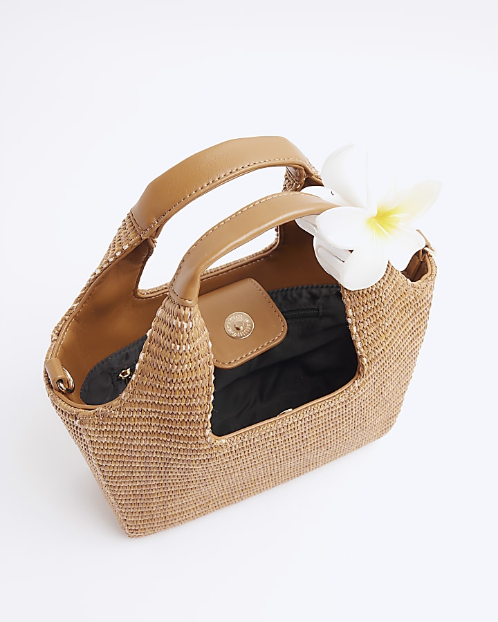 Brown Small Raffia Charm Tote Bag