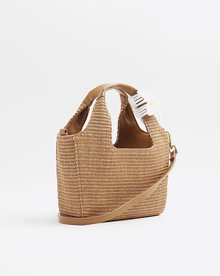 Brown Small Raffia Charm Tote Bag