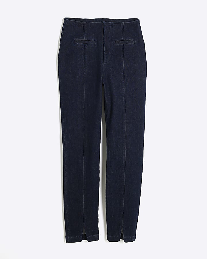 Blue High Rise Split Hem Slim Jeans