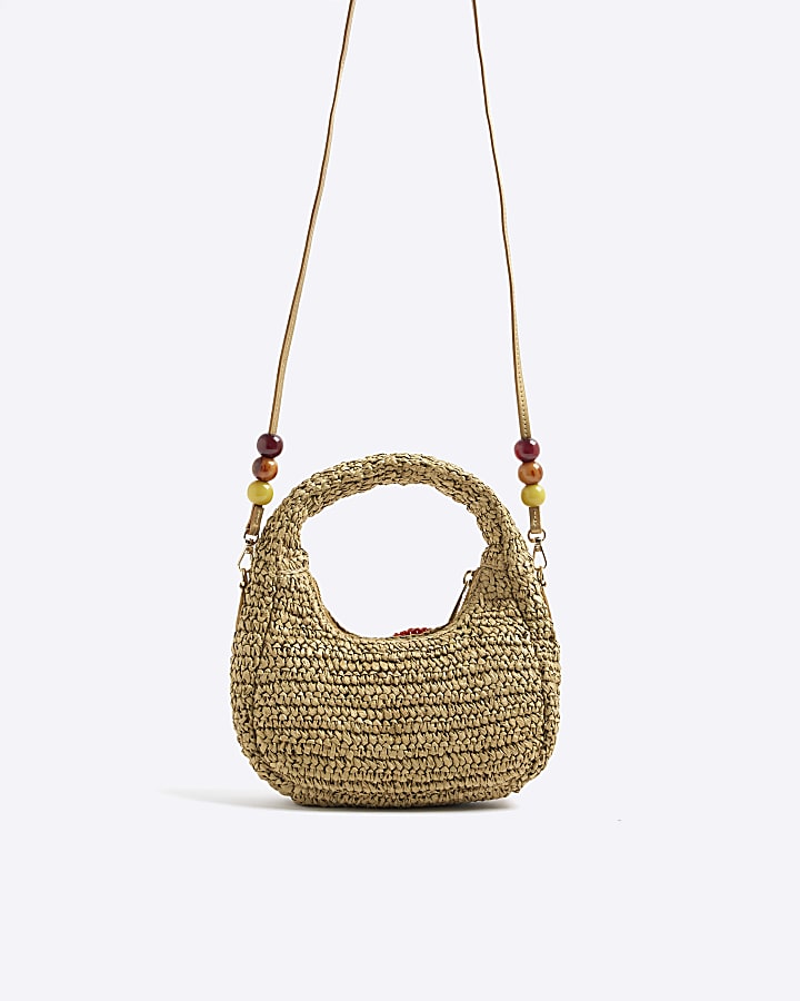 Beige Raffia Flower Shoulder Bag