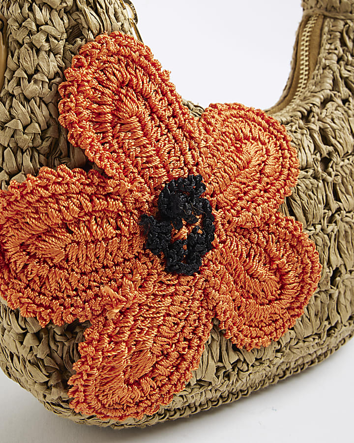 Beige Raffia Flower Shoulder Bag