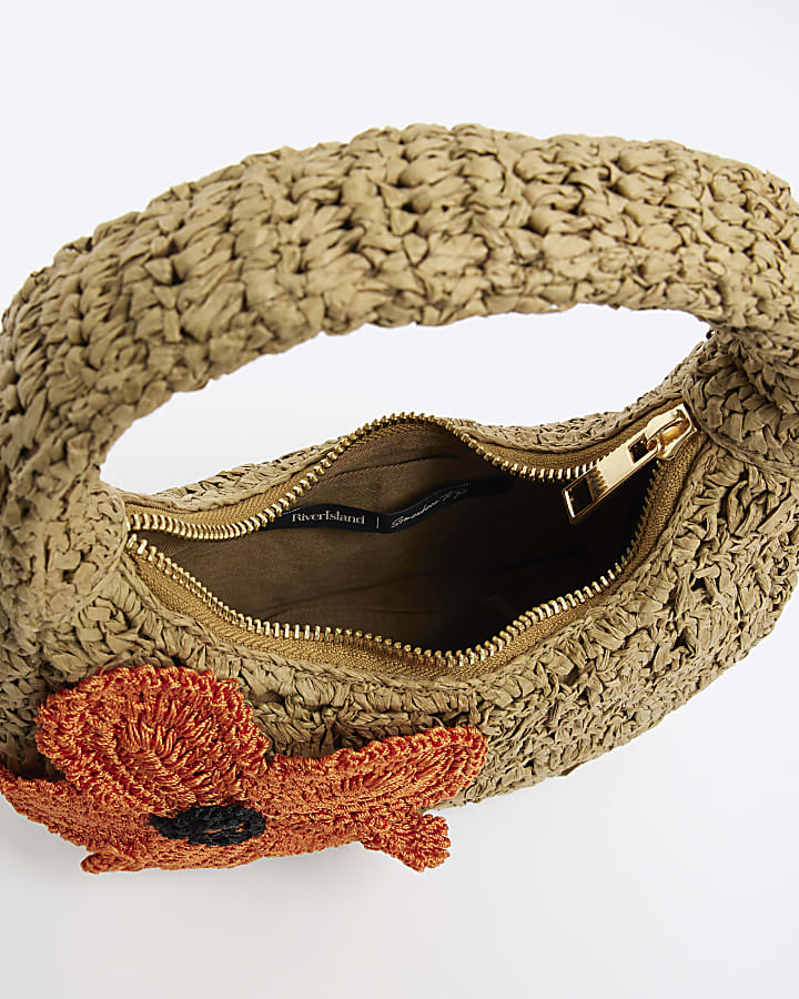 Beige Raffia Flower Shoulder Bag