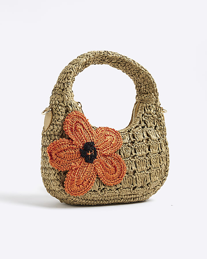 Beige Raffia Flower Shoulder Bag