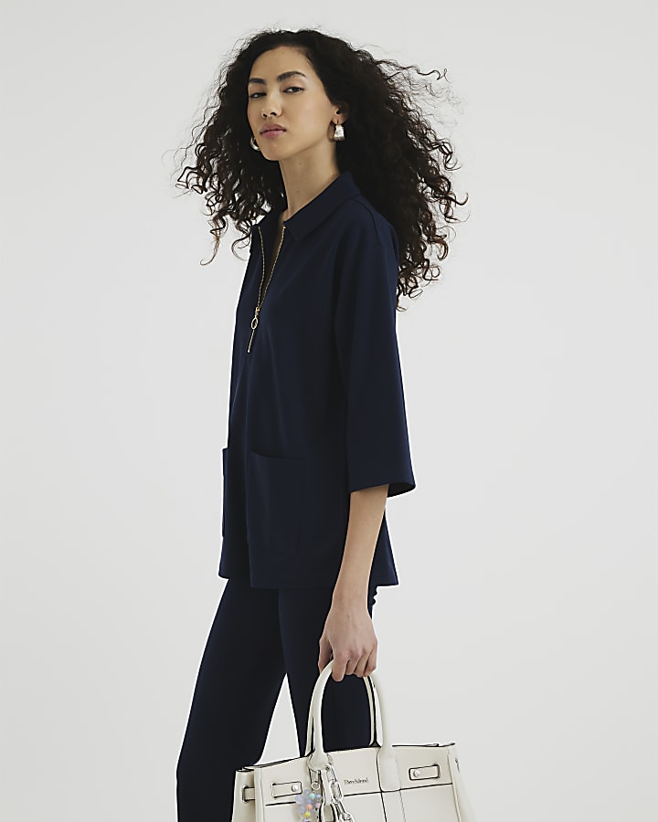 Navy Ponte Zip Collar Tunic Top