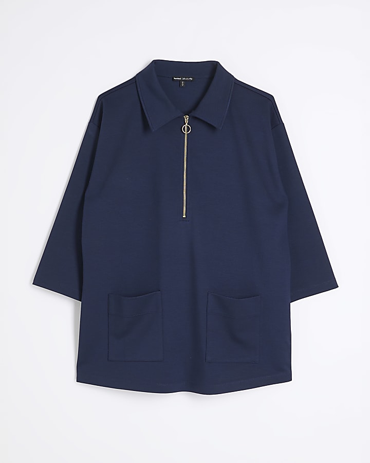 Navy Ponte Zip Collar Tunic Top