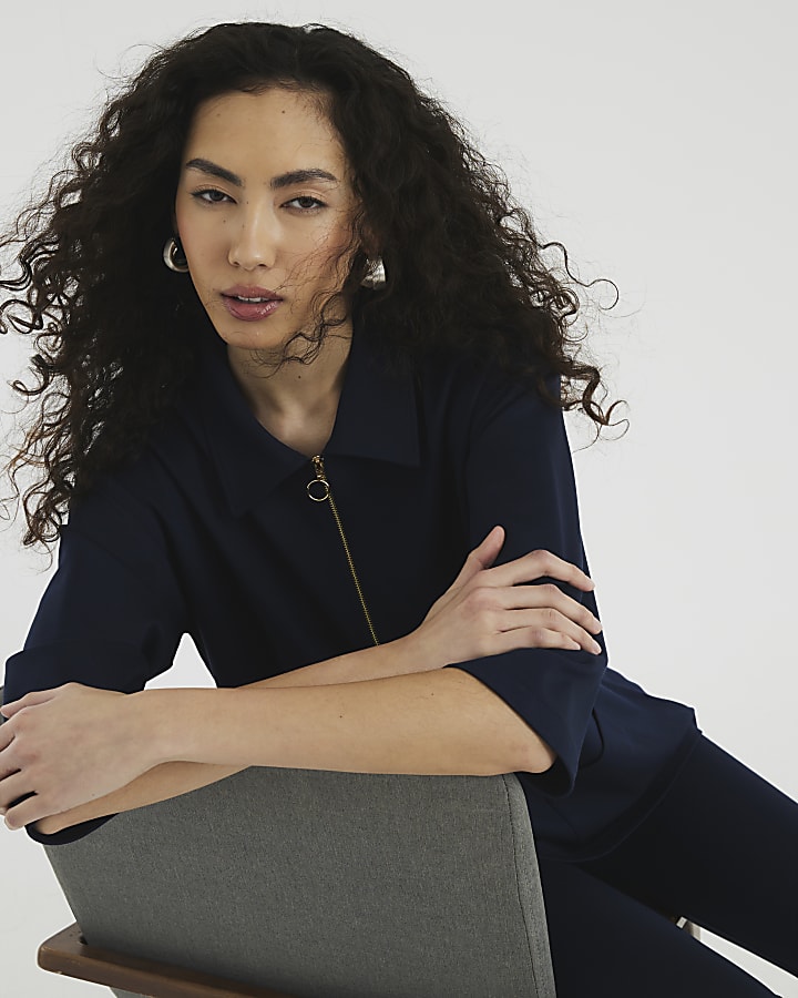 Navy Ponte Zip Collar Tunic Top
