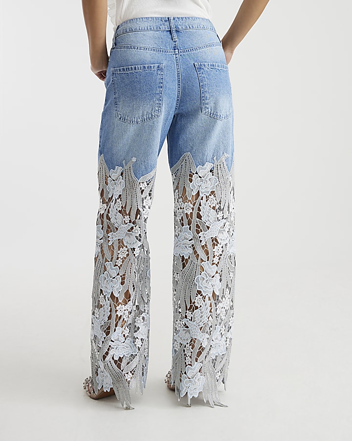 Petite Blue Relaxed Straight Leg Lace Jeans