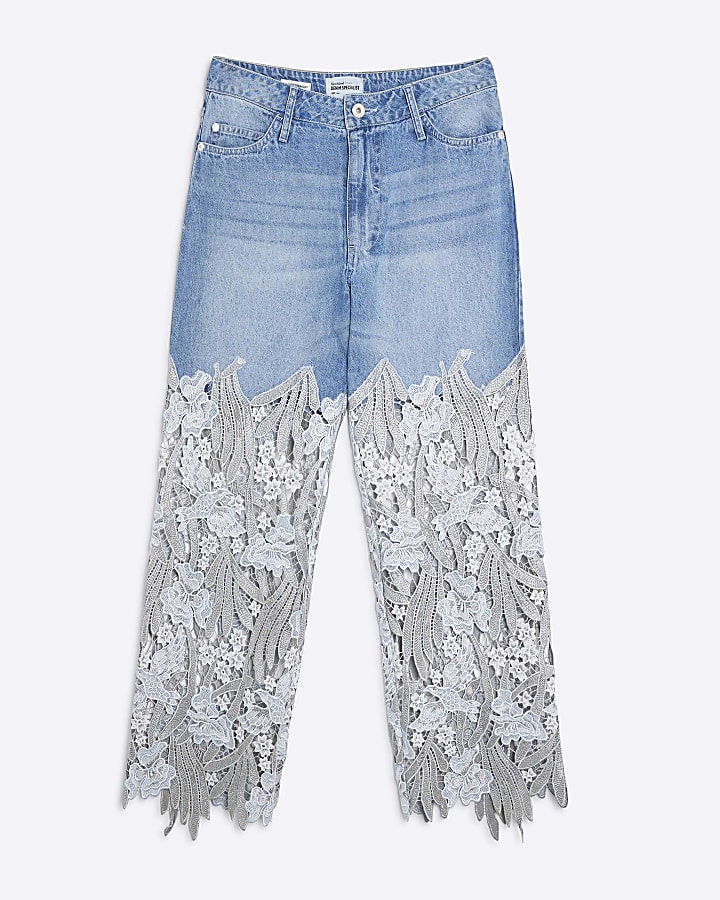 Petite Blue Relaxed Straight Leg Lace Jeans