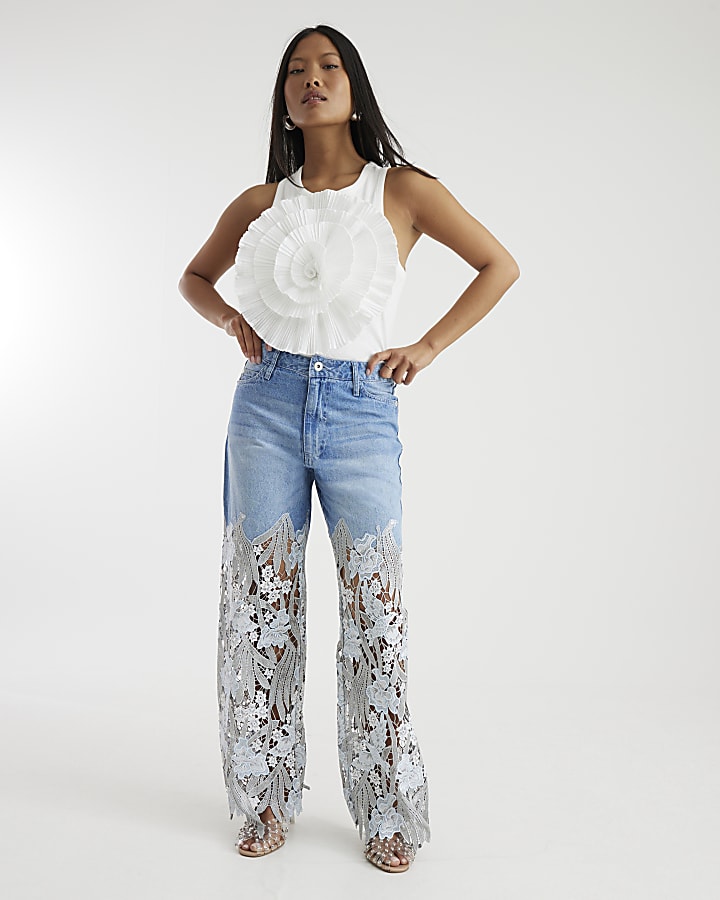 Petite Blue Relaxed Straight Leg Lace Jeans