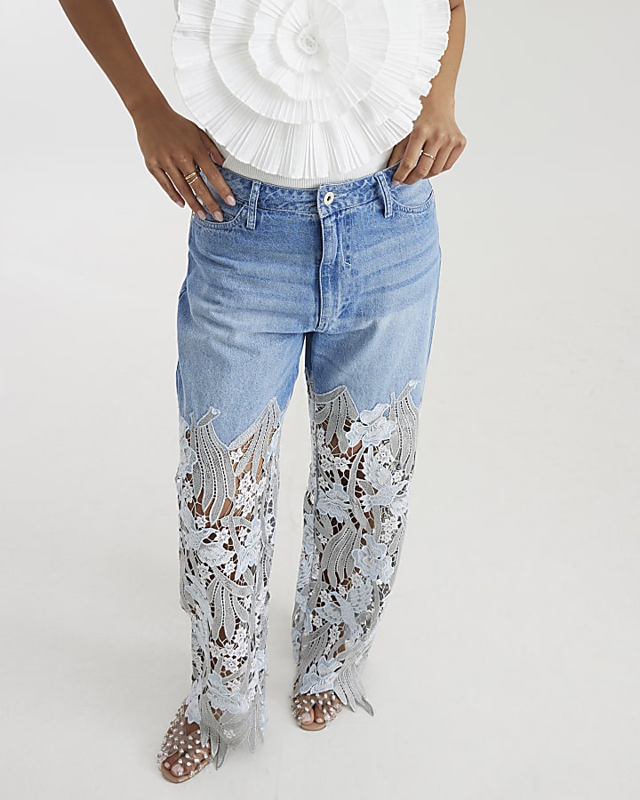 Petite Blue Relaxed Straight Leg Lace Jeans