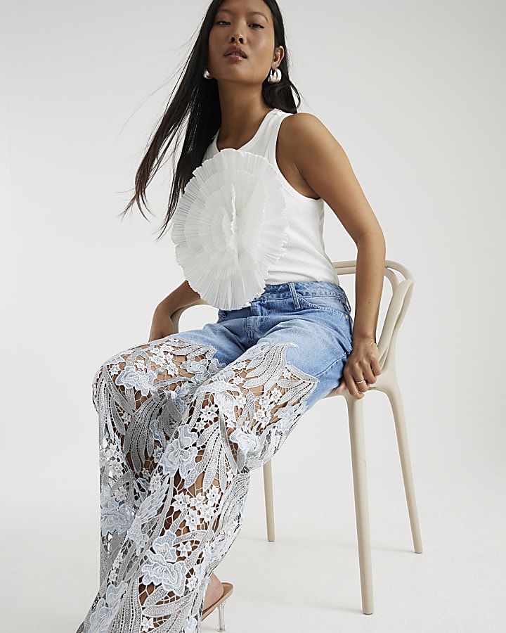 Petite Blue Relaxed Straight Leg Lace Jeans
