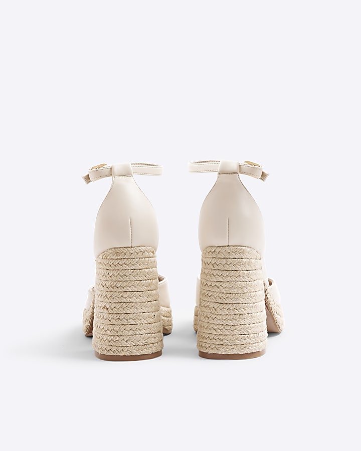 Cream Raffia Platform Block Heeled Shoes