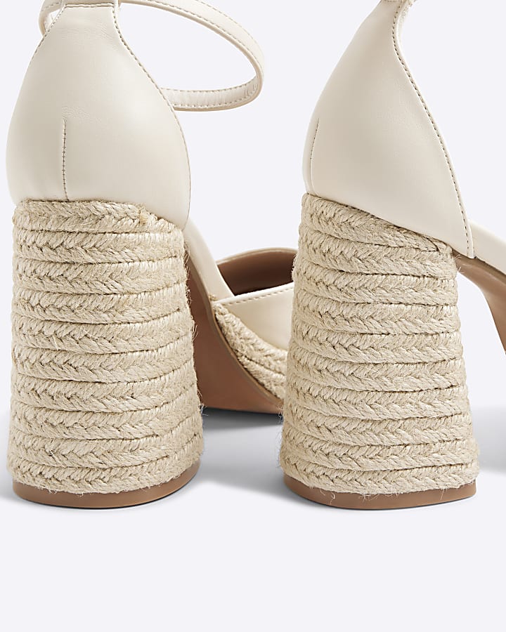 Cream Raffia Platform Block Heeled Shoes