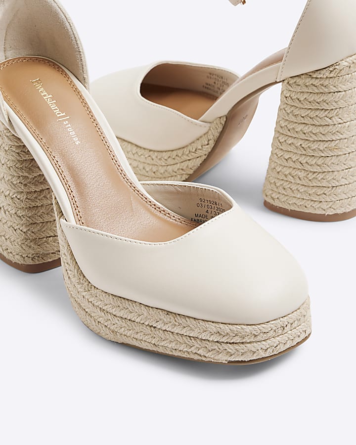 Cream Raffia Platform Block Heeled Shoes