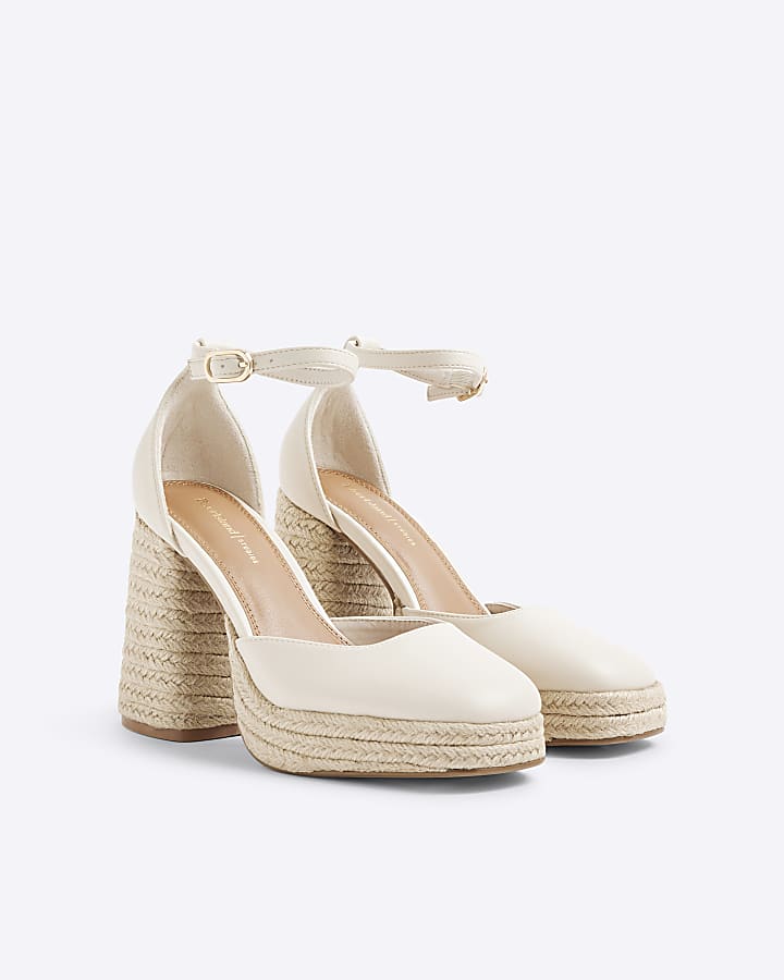 Cream Raffia Platform Block Heeled Shoes