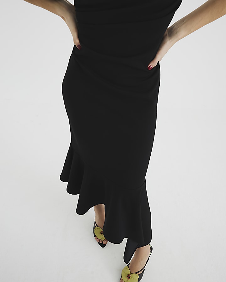 Black Drape Asymmetric Hem Midi Dress