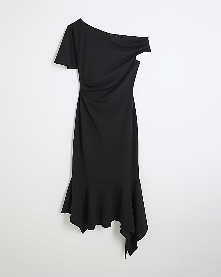 Black Drape Asymmetric Hem Midi Dress